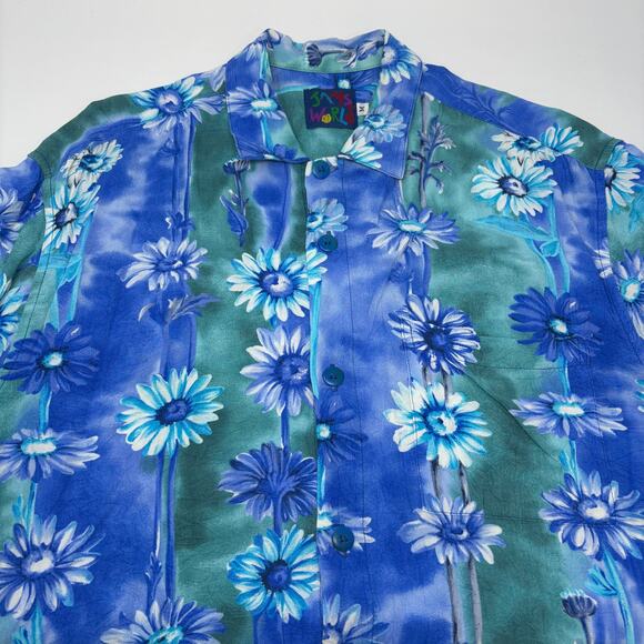 Jams World Medium Blue‎ Green Floral Midnight Made in USA Short Sleeve Shirt